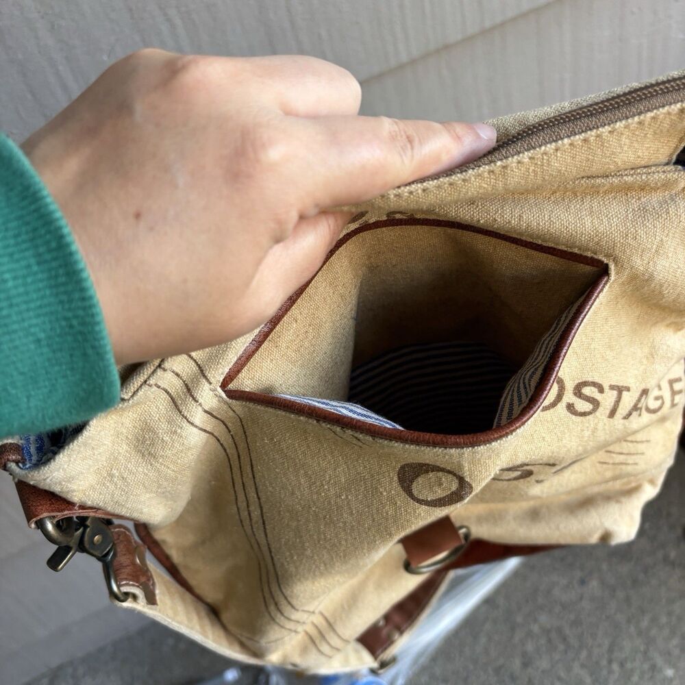 Vintage canvas leather postal messenger crossbody bag fringe trim boho - Picture 7 of 8